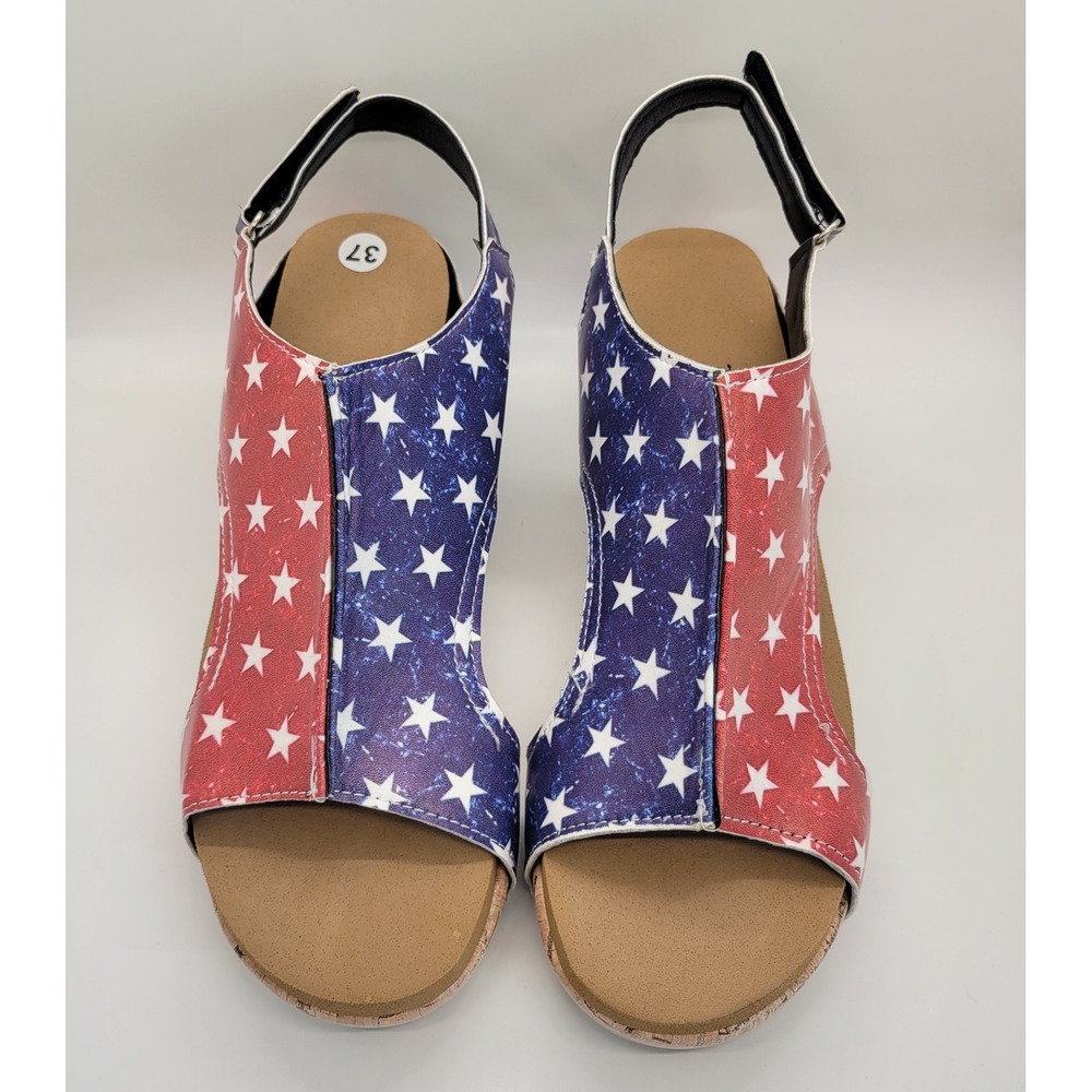 Women's American Flag Wedge Sandals EU 37 US 6 Patriotic Cork Platform Slingback